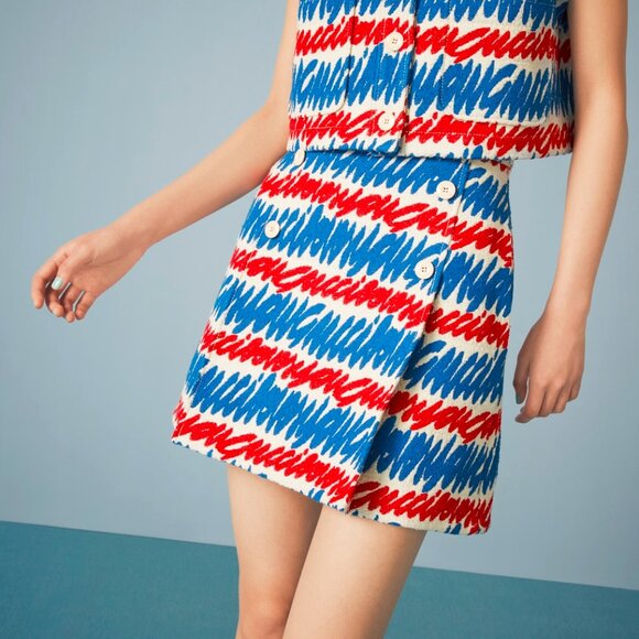 Gucci Ivory, Blue & Red Script-Print Cotton-Tweed Mini Skirt - Picture 1 of 13